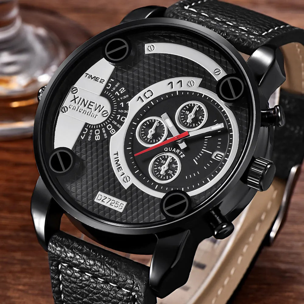 Mens big analogue wristwatch with leather strap and date window, 5cm dial, black colour option