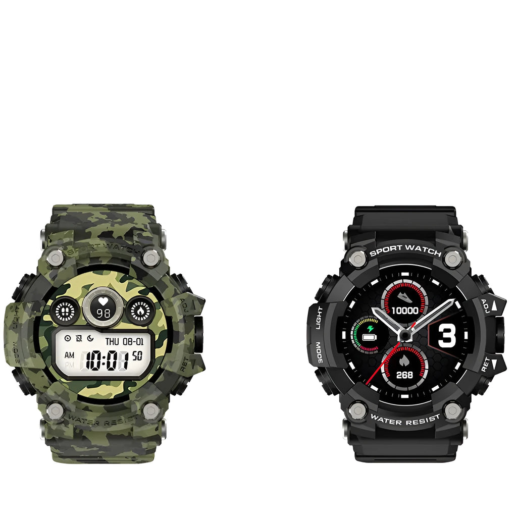 T6 tactical smart watch with 1.3 inch screen in black or green colour showing alloy construction and wristband