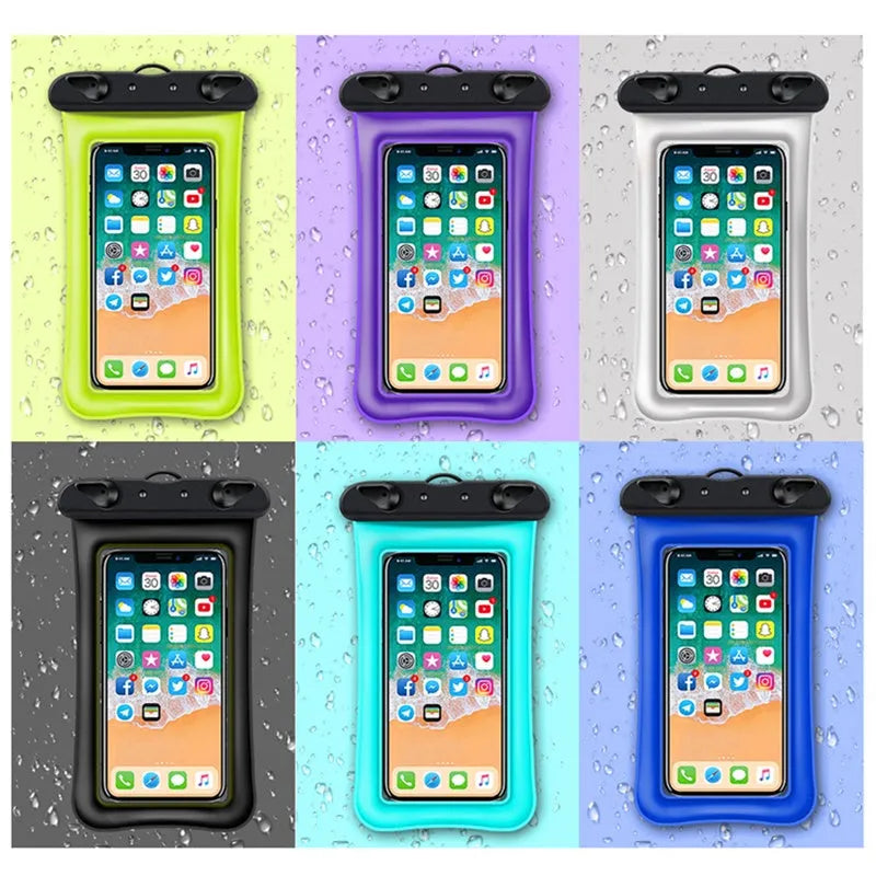 Orange waterproof phone pouch with double airbag design and a black neck rope.