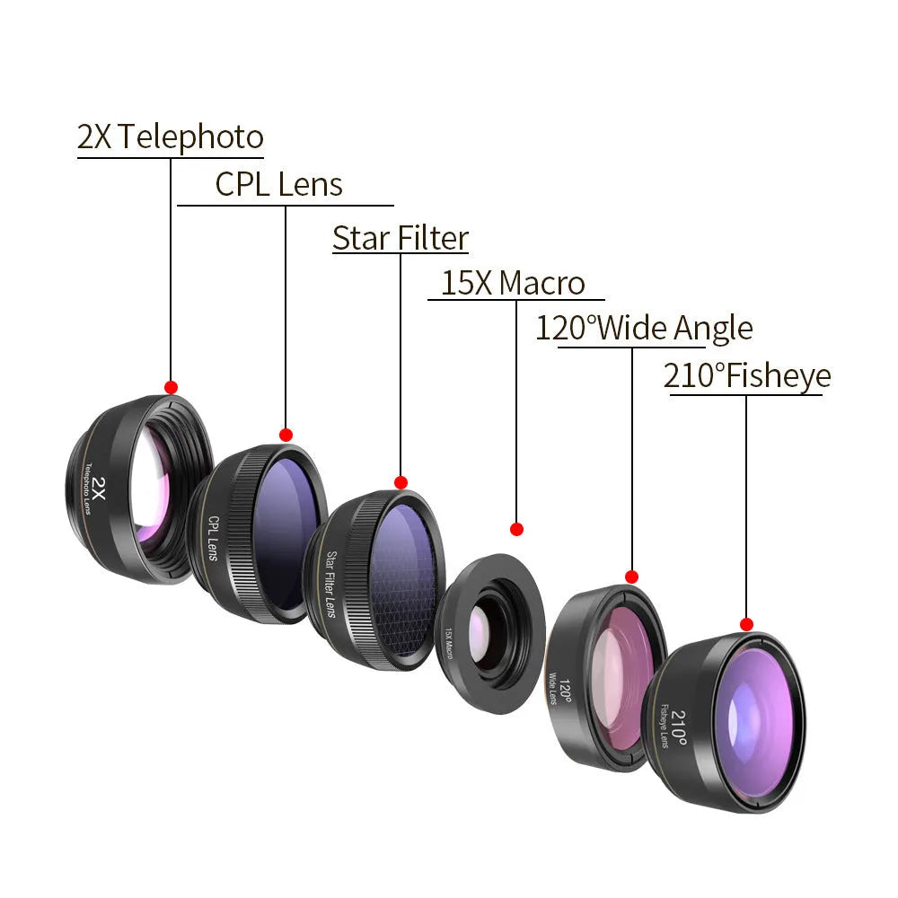 Black aluminium 6-in-1 smartphone camera lens kit with fisheye, macro, wide-angle, telephoto, CPL and star filters