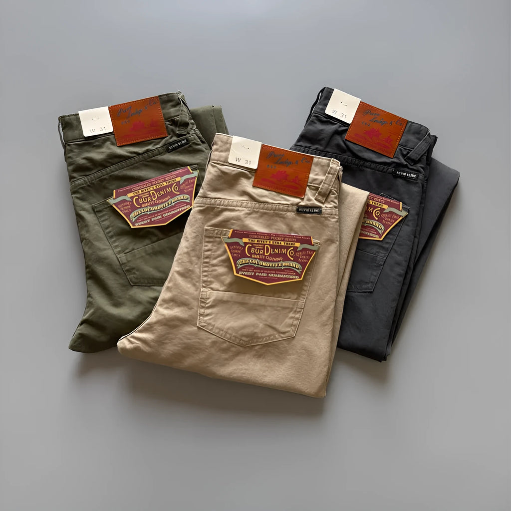 Men's straight-leg cotton casual trousers in grey, shown flat.