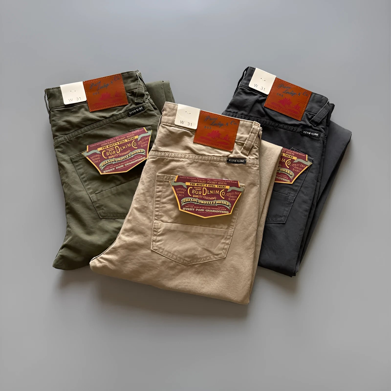 Men's straight-leg cotton casual trousers in grey, shown flat.
