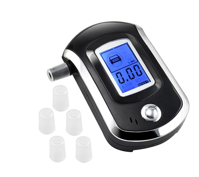 Black portable alcohol tester with digital screen and mouthpiece