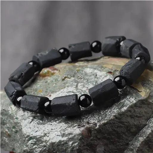 Natural black tourmaline rough stone bracelet with approximately 9mm beads