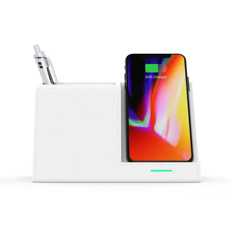 Black leather desk organiser with wireless phone charging surface and pen holder compartment