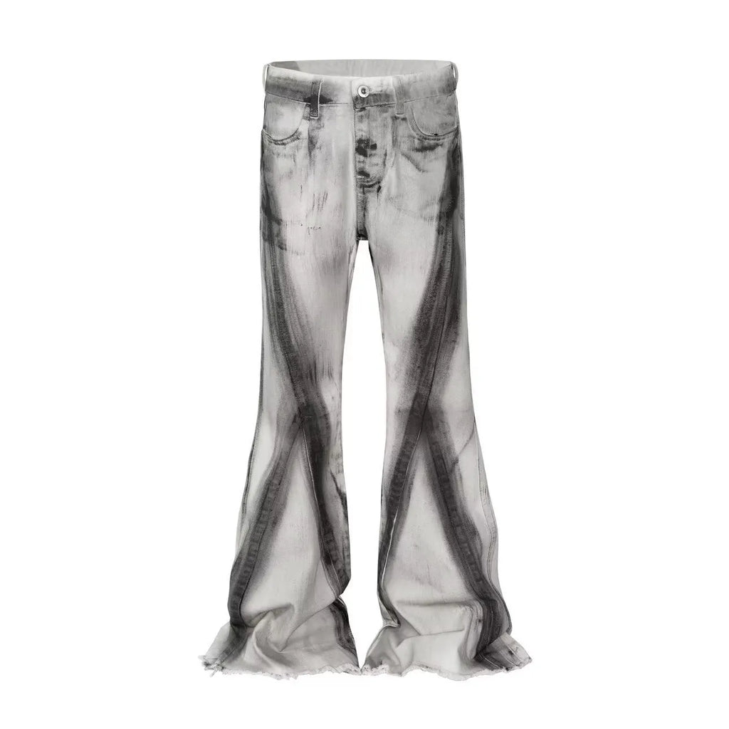 Retro heavy rough selvedge jeans with black ribbon gradient wash on white denim