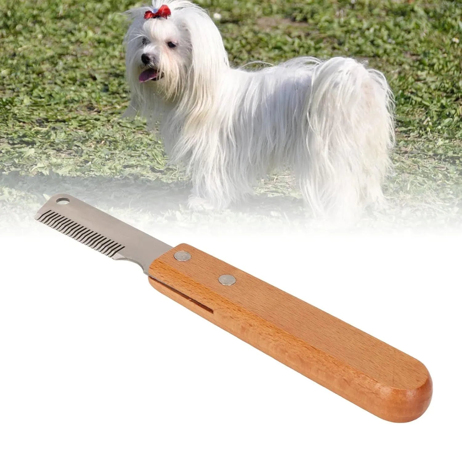 Pet stripping comb with wooden handle and metal fittings in two sizes