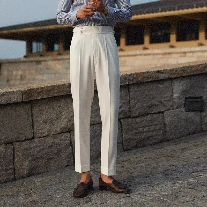 Men's slim fit straight leg suit trousers in apricot, black, or white for business formal wear.