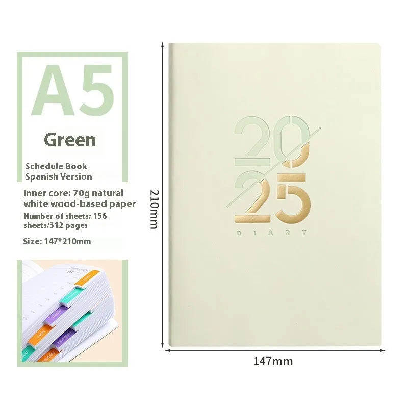 A5 daily planner book with soft faux leather cover in blue colour option showing open pages