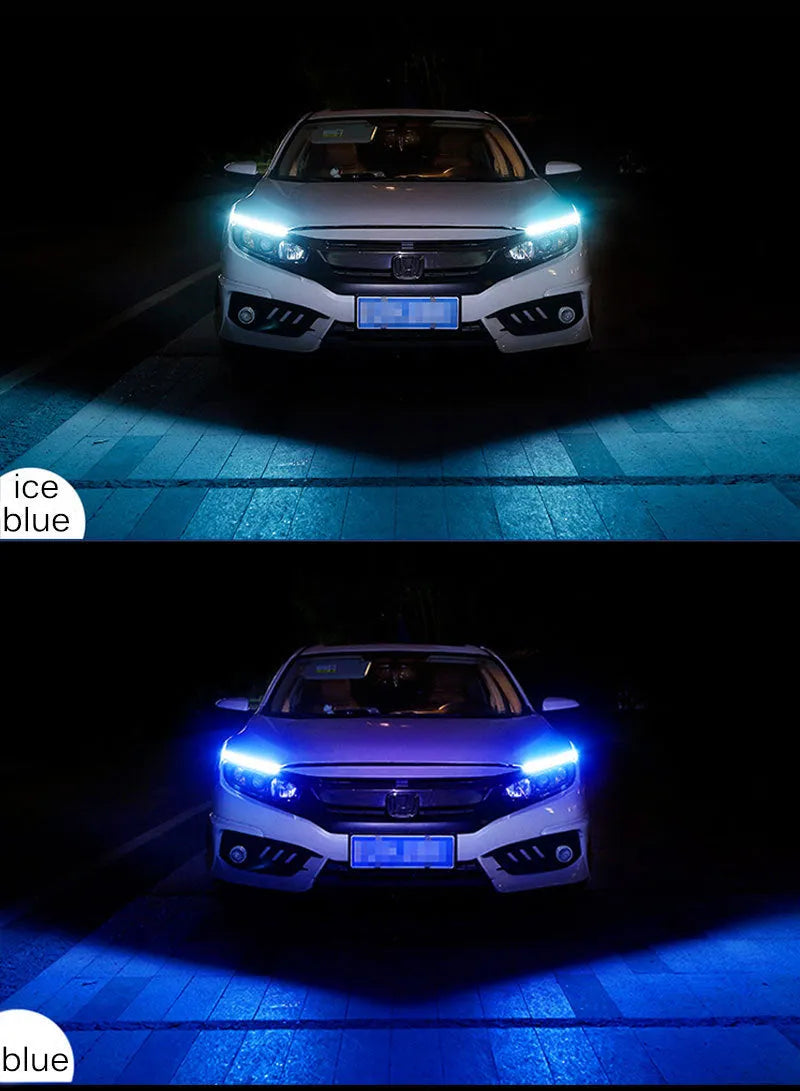 Car LED daytime running light strip with flowing turn signal function in silicone housing