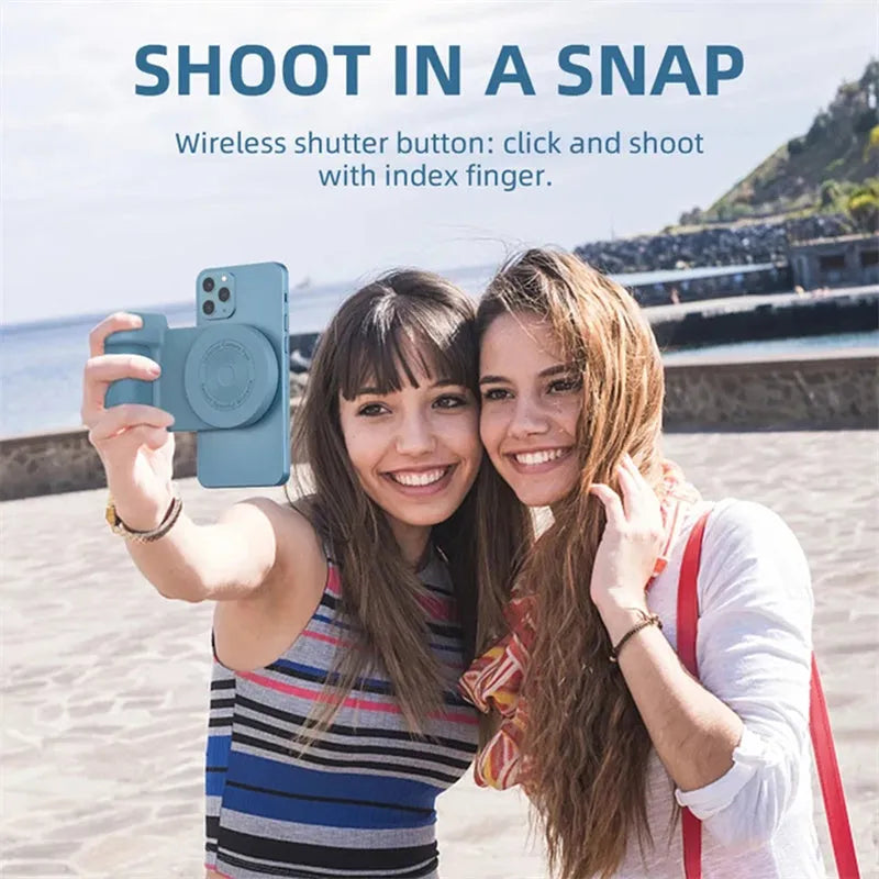 Black magnetic camera phone holder with rotatable tilt mechanism and ergonomic PU leather grip