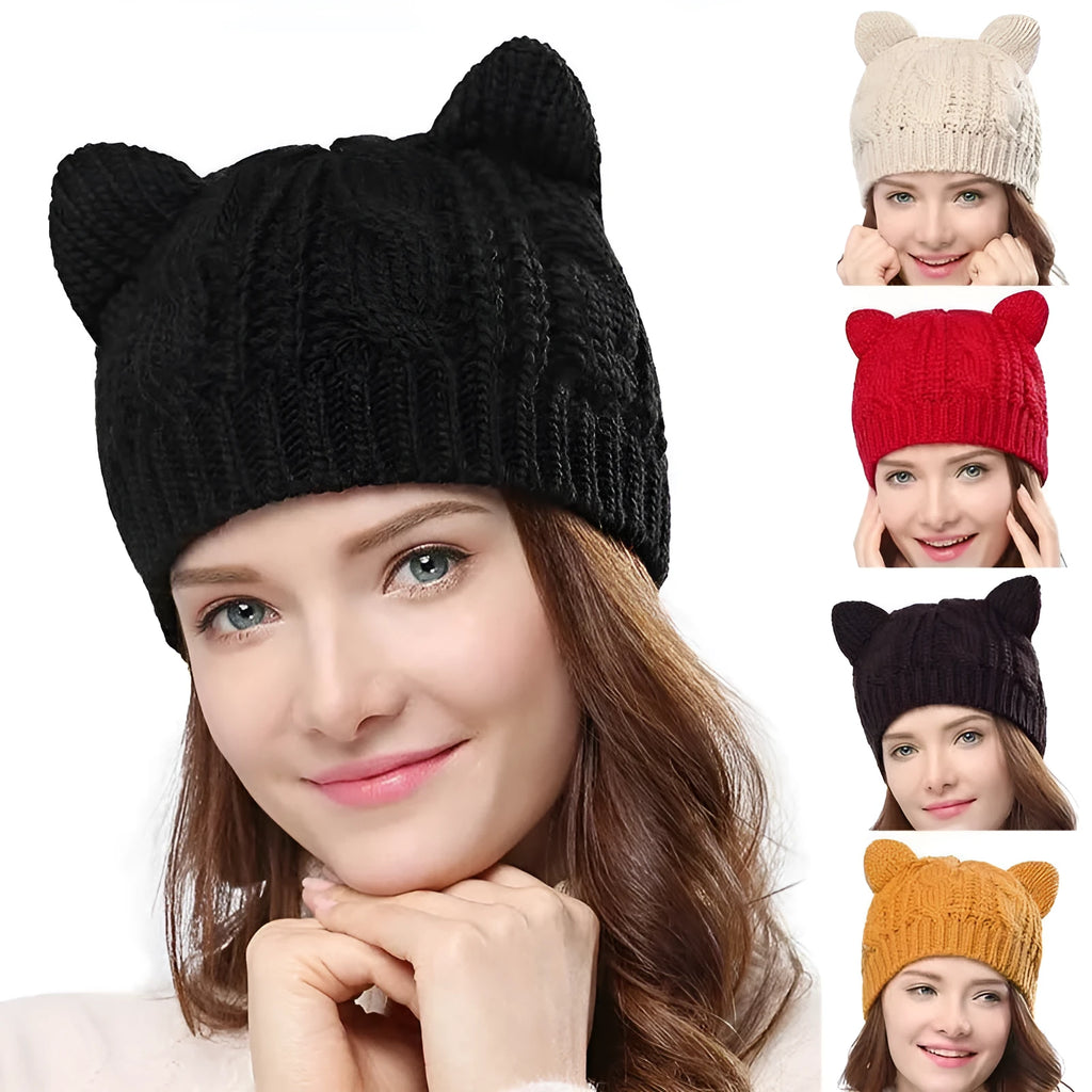 Hand-made knitted beanie with 3D cat ears in wool fabric for winter wear