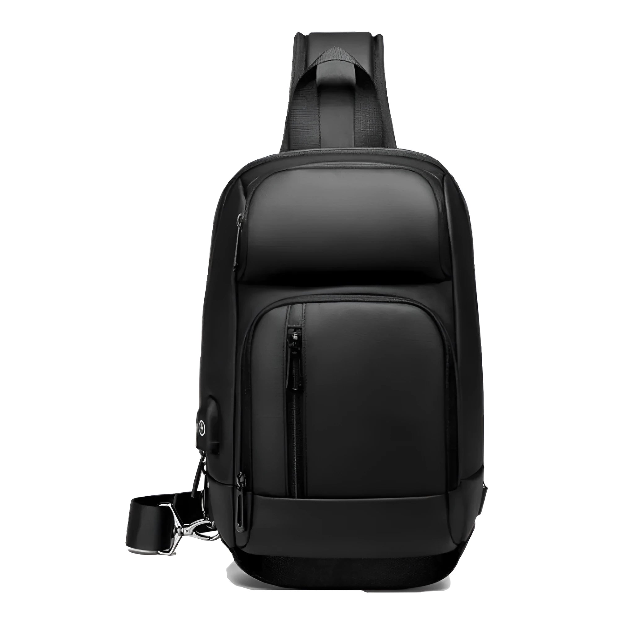 Black PVC outdoor shoulder bag with a square shape, showing the air cushion strap and front pocket.