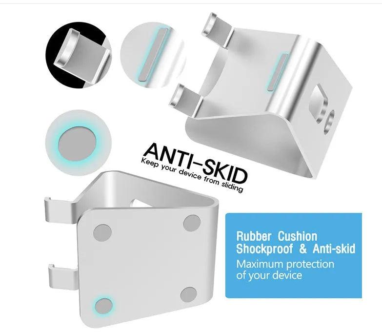 Aluminium alloy universal phone and tablet mount in silver colour on a wooden desk.
