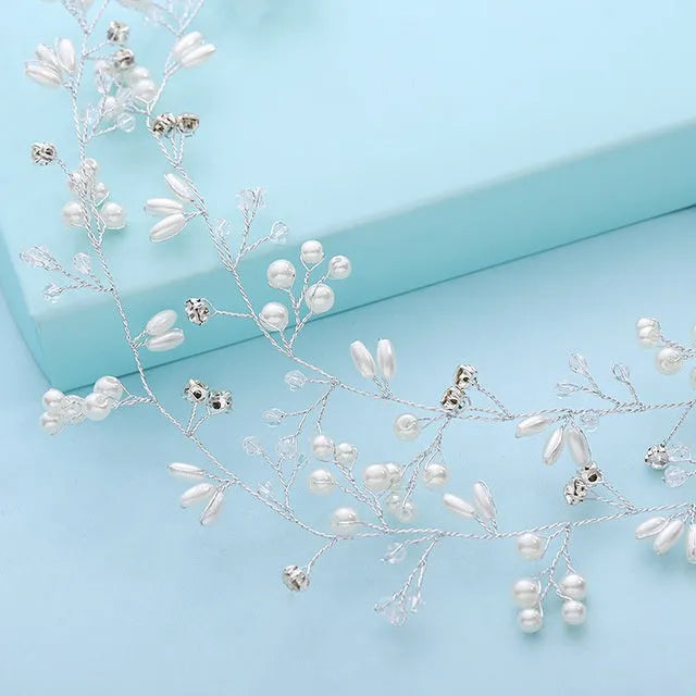 Bridal long hair band with pearls on wire, in gold silver or rose gold, showing length options.