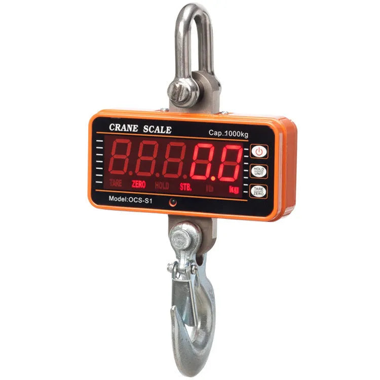 Orange electronic crane scale with digital display showing weight measurement
