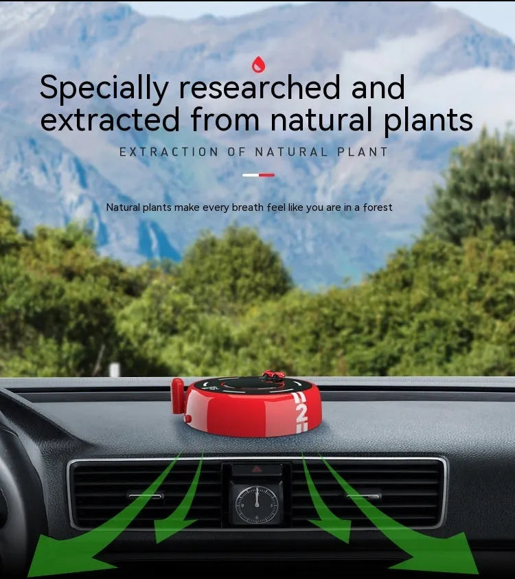 Round car-shaped solar-powered aroma diffuser ornament for vehicle interiors in black, red or white