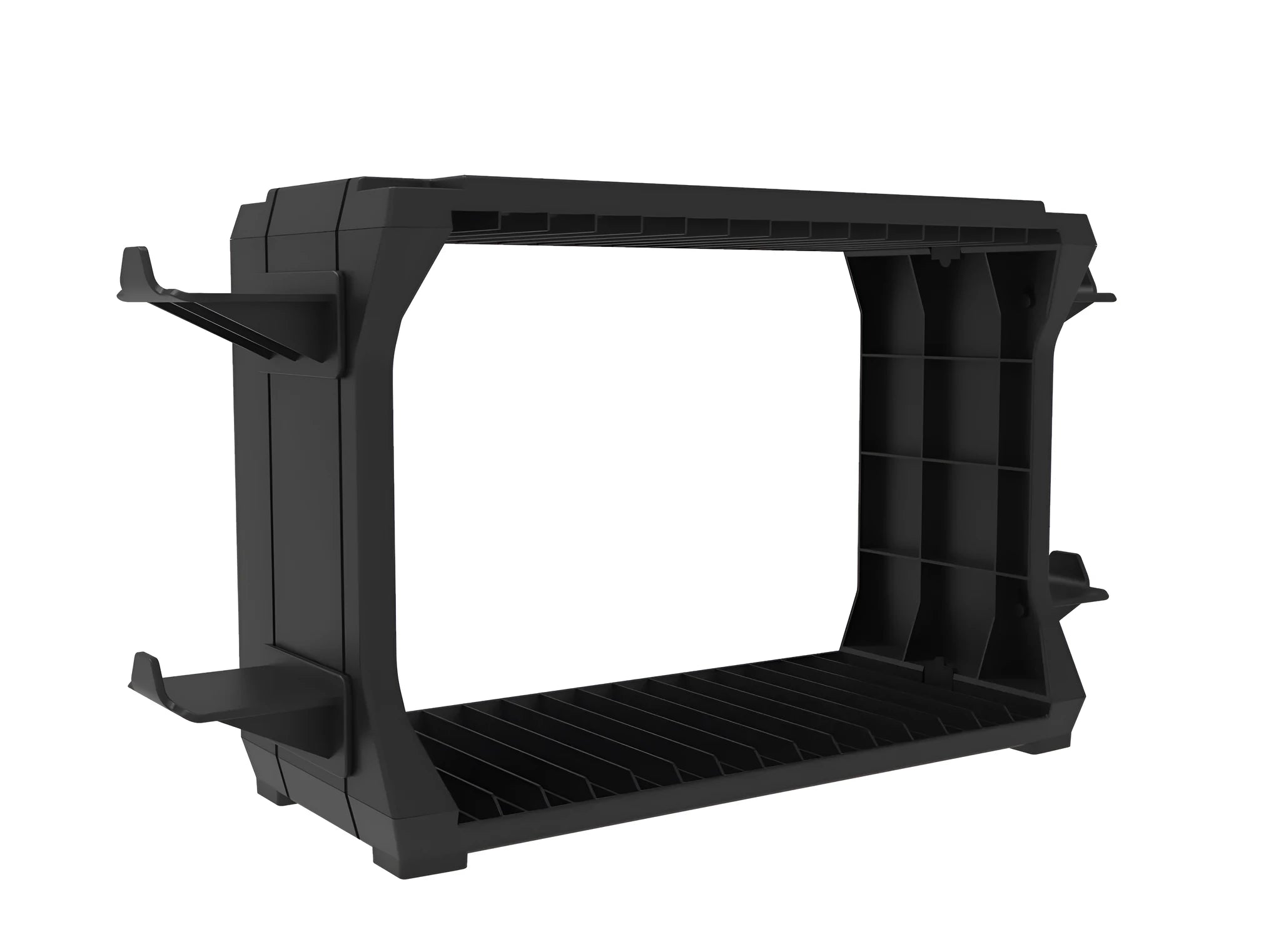 Black PS5 disc holder with slots for game cartridges and four controller storage bays