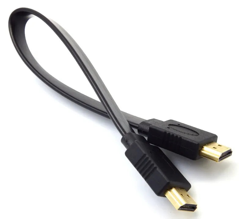 Flat white HDMI cable with connectors on a grey background.