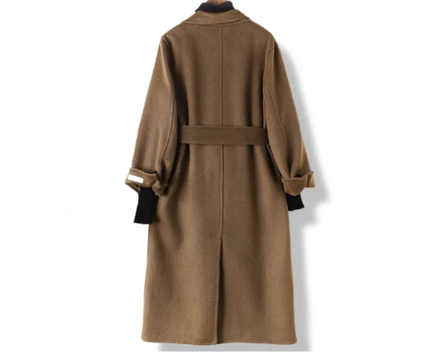 Men's long wool coat with suit collar in black and caramel colour options