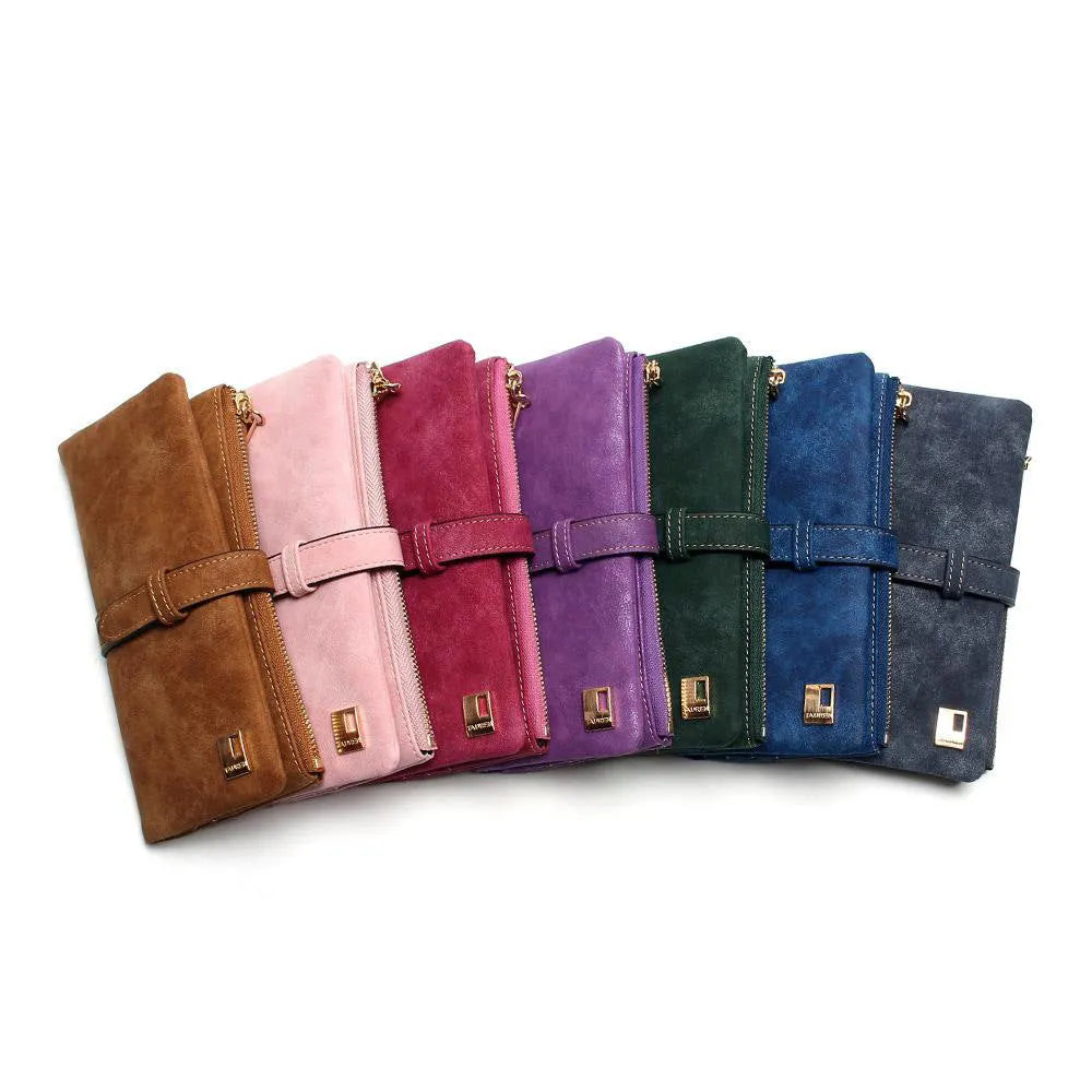 Women's long leather-style wallet with two-fold draw design in multiple colour options showing card compartments