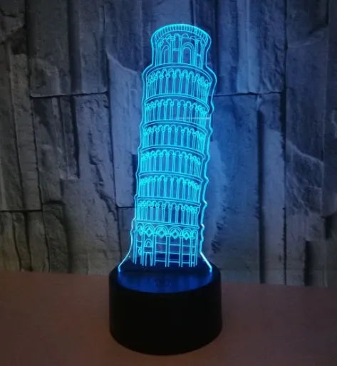 Leaning Tower of Pisa 3D acrylic LED nightlight on a black base with remote control.