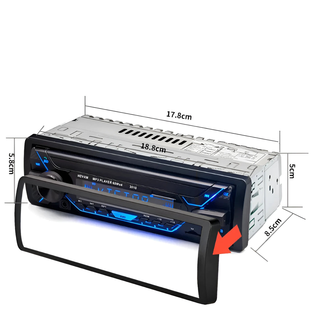 Car radio MP3 player unit with display, control buttons, USB port, and TF card slot