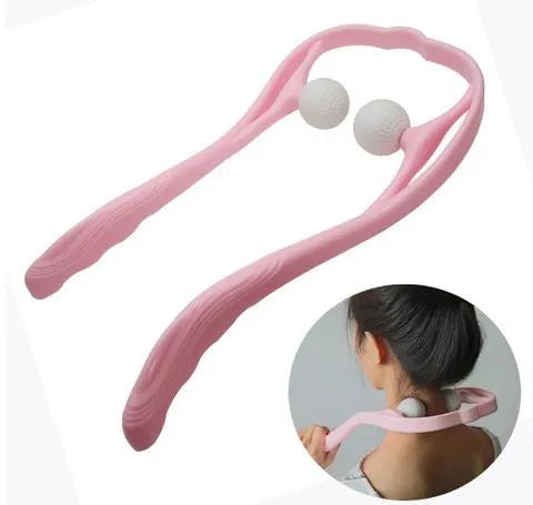 Plastic swan-shaped neck and shoulder massager roller in blue, green, or pink on a white background