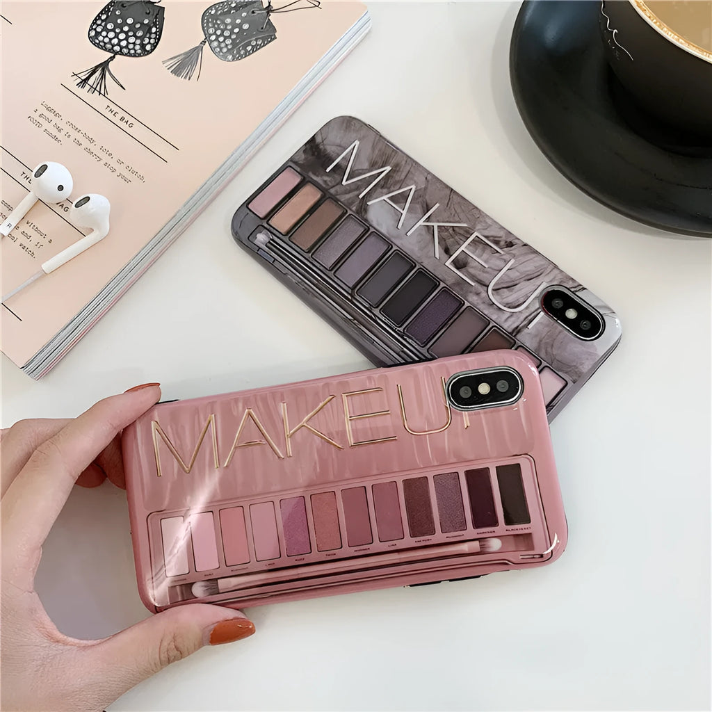 Silicone iPhone case with eye shadow pattern in flesh and grey colours.