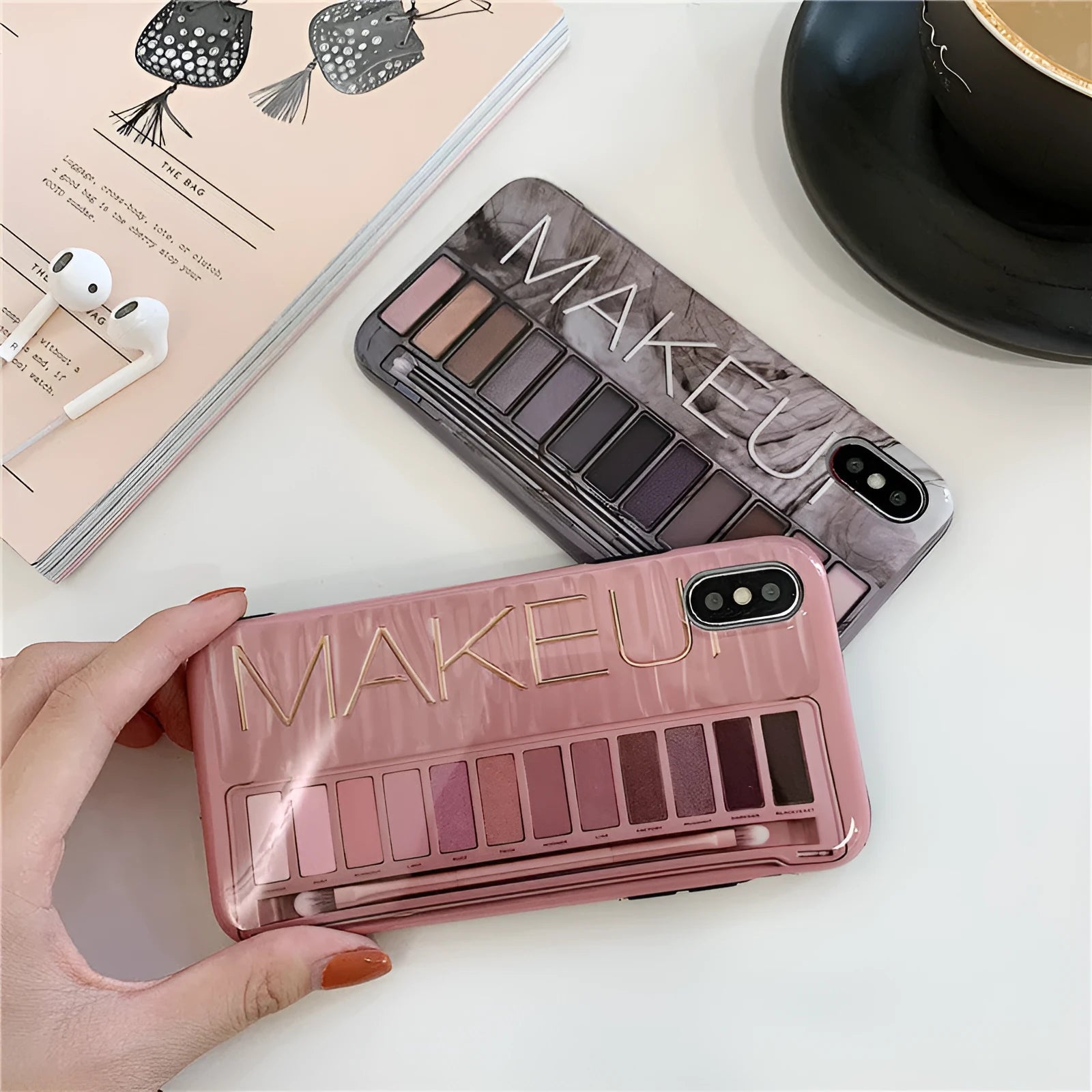 Silicone iPhone case with eye shadow pattern in flesh and grey colours.