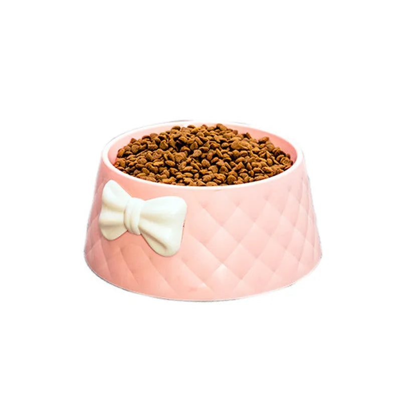 Bow design cat and dog bowl in PP plastic available in pink green and grey colours