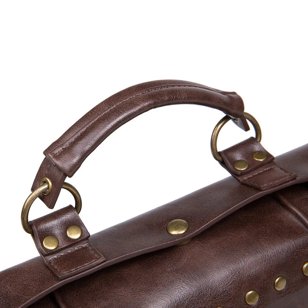 Bronze steampunk industrial retro shoulder bag with horizontal square pillow design and metal accents