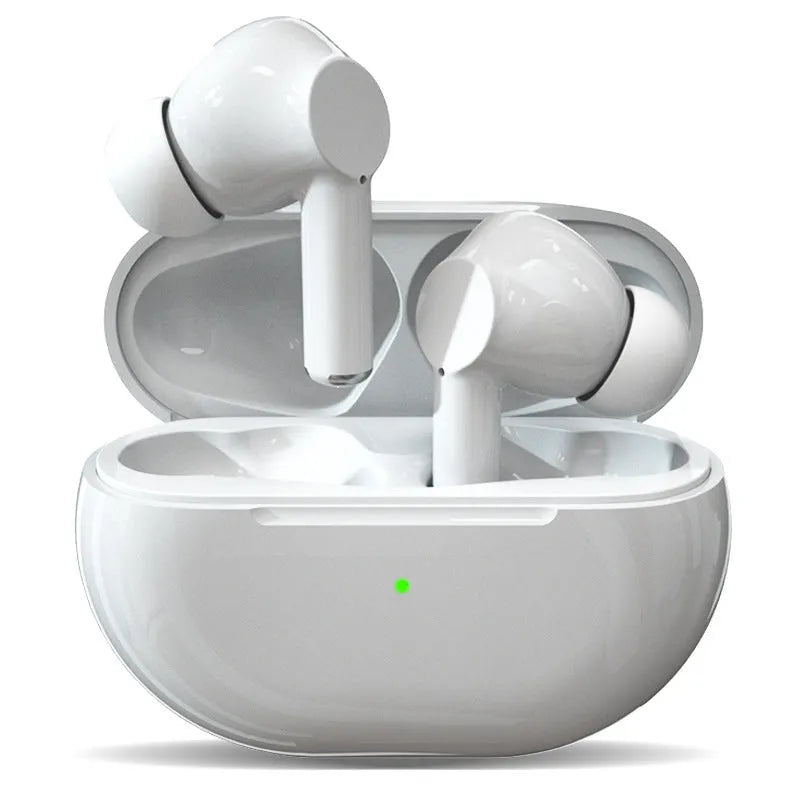Black and white Pro4 Bluetooth headset with charging case on a table.
