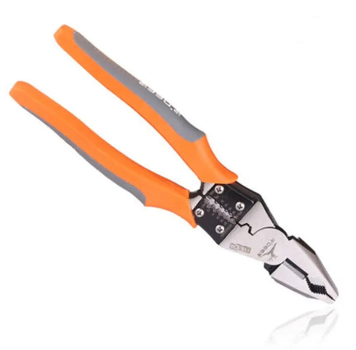 Orange multi-function wire cutter with forged steel head and textured PVC handle on a workbench.