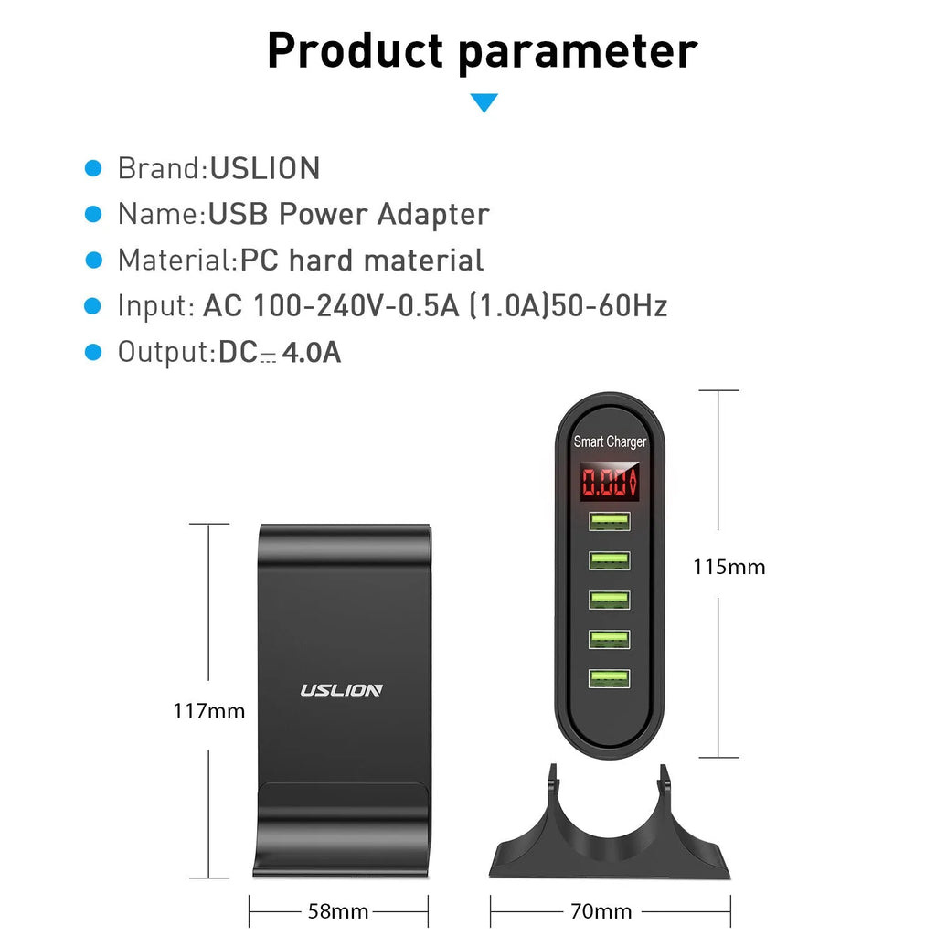 Smart USB charger with LED digital display showing charging status, available in black or white with UK EU US plug options