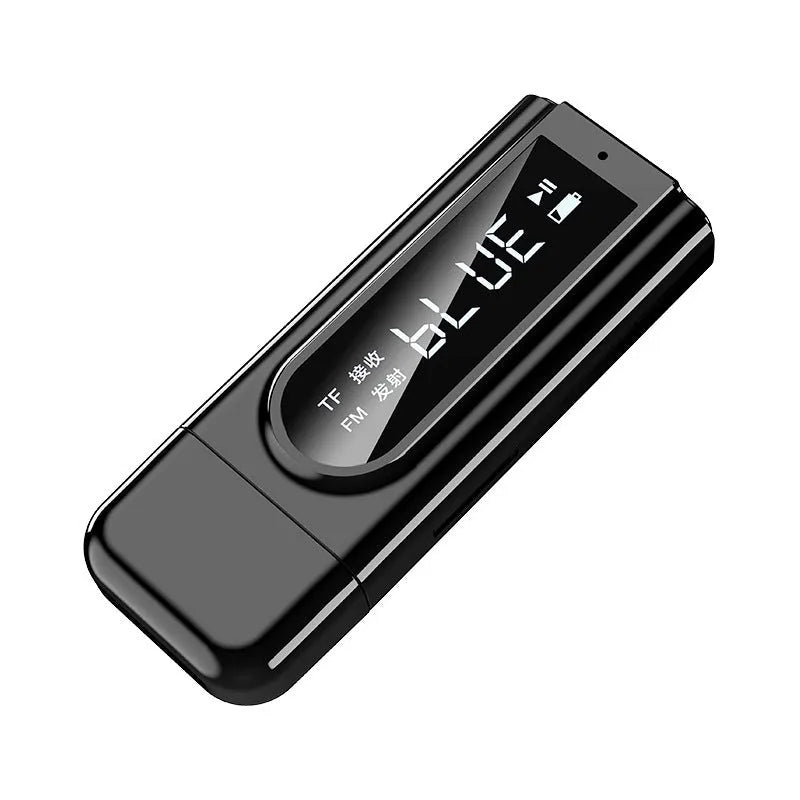 Black USB car FM Bluetooth receiver for wireless music streaming with USB and AUX input ports