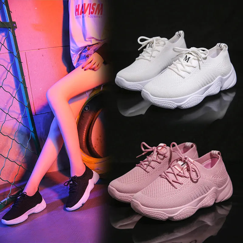 Women's white thick-soled sports shoes with woven upper and front strap closure