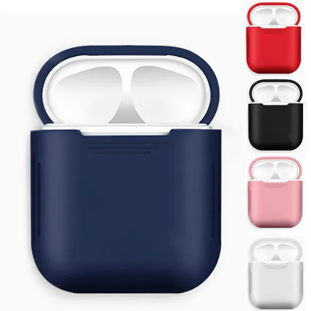 Silicone AirPods case in various colours with attached anti-loss rope and earmuff accessories.
