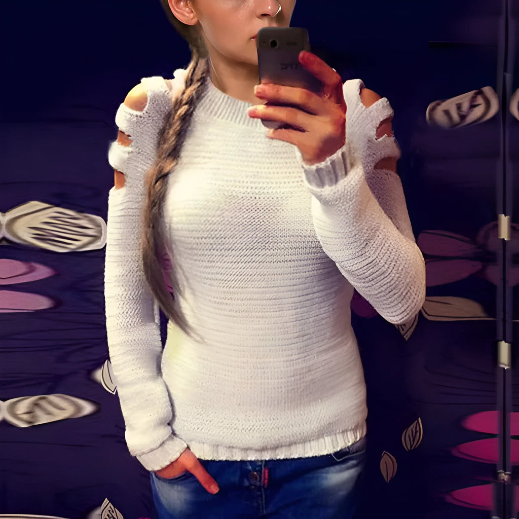 Women's white cotton rabbit fur crochet pullover shirt with hollow-out design and round neck