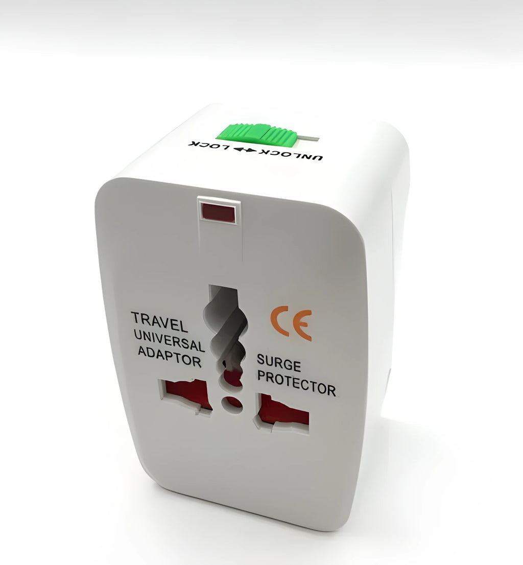 Universal multi-country travel plug adapter for mobile phone charging measuring 73x50x39mm