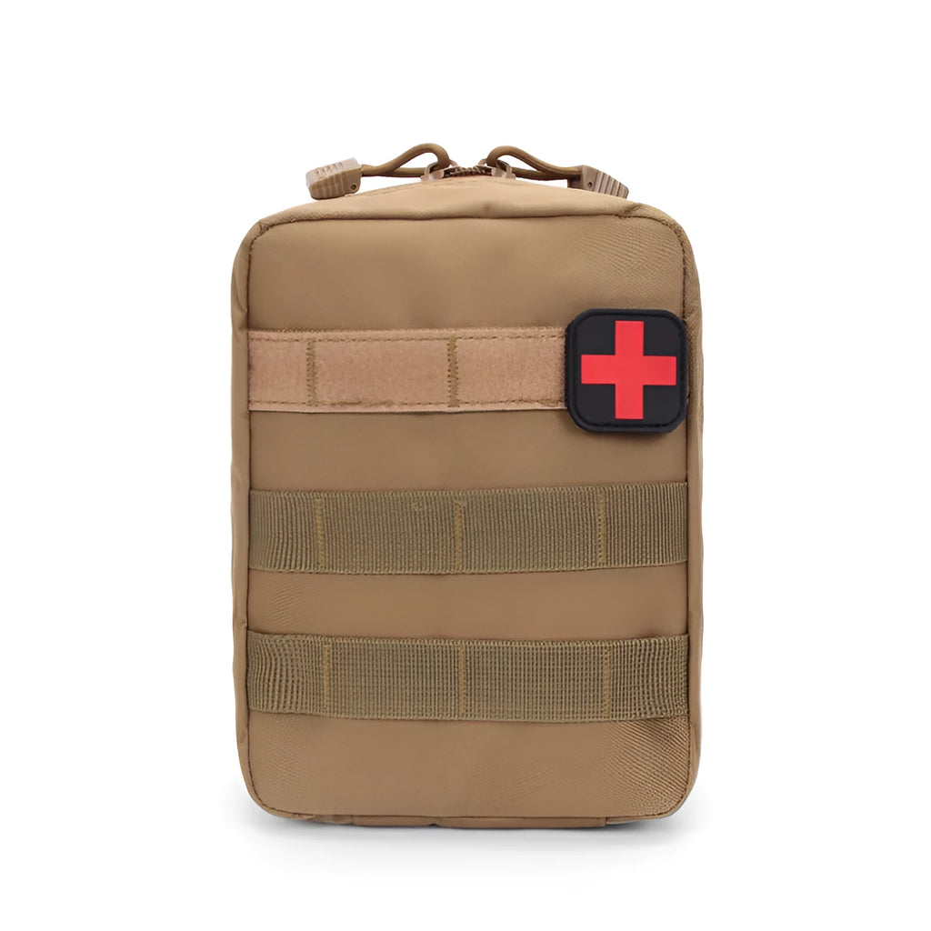 Green nylon tactical medical bag with Velcro strips, shown with dimensions 15cm tall by 21cm wide.