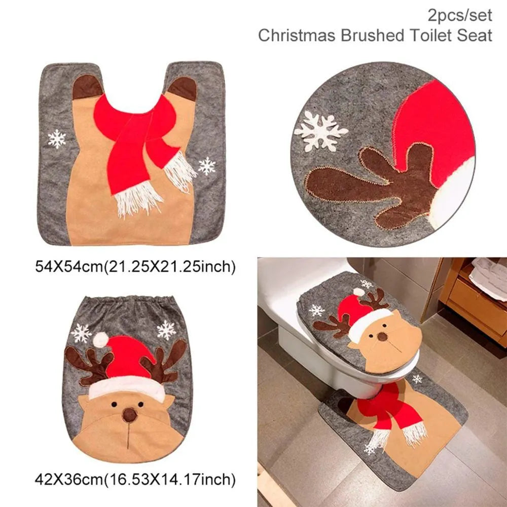 Christmas bathroom set with Santa design including toilet seat cover, floor mat, and shower curtain