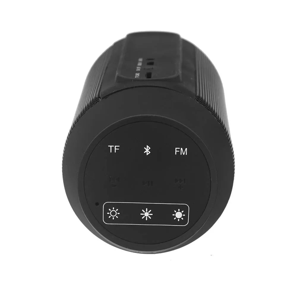 Mini black Bluetooth stereo with colourful LED lights showing 360° sound projection