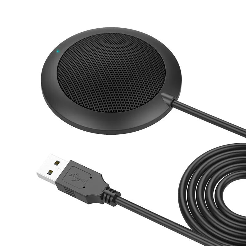 Black USB desktop microphone with metal mesh cover and 70mm diameter for computer recording