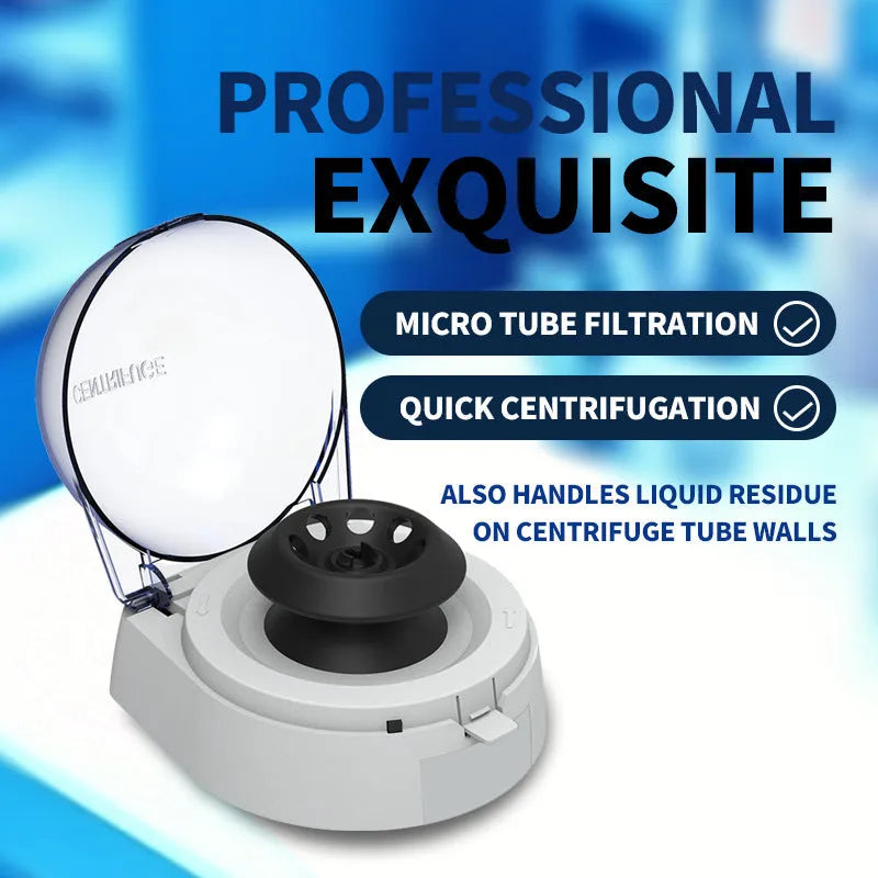 Mini laboratory centrifuge machine with compact 157x170x120mm dimensions on a benchtop.