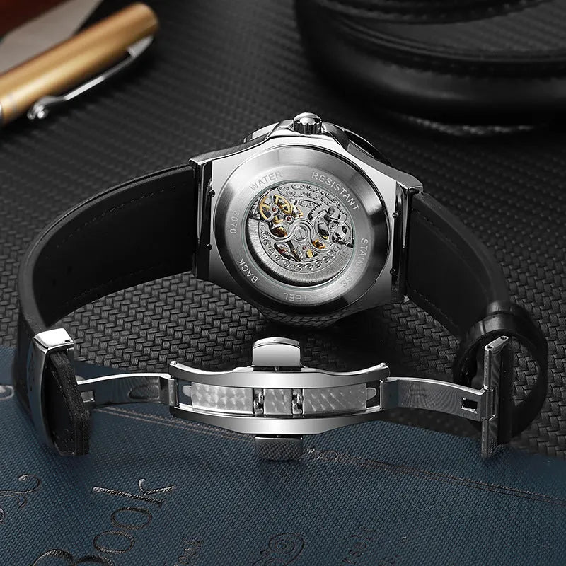 Automatic mechanical men's watch with diamond studded bezel showing hollow movement