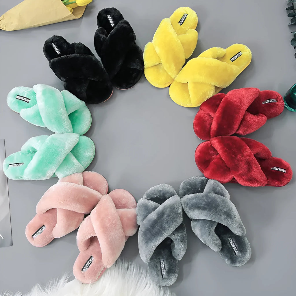 Cross-strap open-toe fur slippers in black with a textured sole, shown from the side.