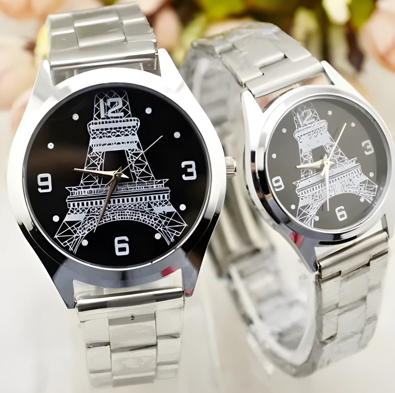 Eiffel Tower design wrist watch showing Paris landmark motif on watch face with quartz time display