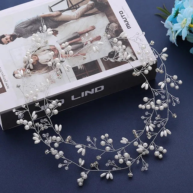 Bridal long hair band with pearls on wire, in gold silver or rose gold, showing length options.