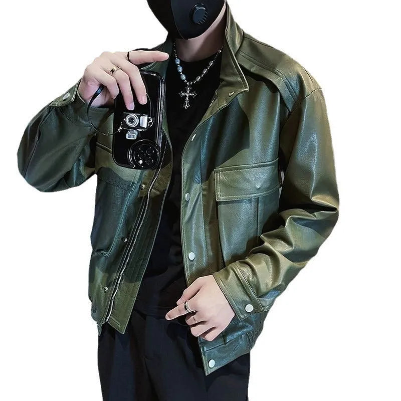 Men's black Korean-style straight hem PU leather jacket with side seam pockets